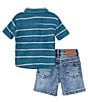 Color:Teal - Image 3 - Baby Boys 12-24 Months Short Sleeve Striped Linen-Blend Shirt & Denim Shorts Set