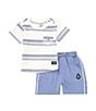 Color:Blue - Image 1 - Baby Boys 12-24 Months Short Sleeve Striped Pocket T-Shirt & Racing-Stripe Shorts Set