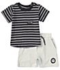 Color:Black - Image 1 - Baby Boys 12-24 Months Short Sleeve Striped Pocket T-Shirt & Solid Shorts Set