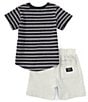 Color:Black - Image 2 - Baby Boys 12-24 Months Short Sleeve Striped Pocket T-Shirt & Solid Shorts Set