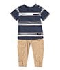 Color:Navy - Image 1 - Baby Boys 12-24 Months Short Sleeve Striped/Color Block Jersey T-Shirt & Solid Twill Cargo-Pocket Jogger Pant Set