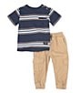 Color:Navy - Image 2 - Baby Boys 12-24 Months Short Sleeve Striped/Color Block Jersey T-Shirt & Solid Twill Cargo-Pocket Jogger Pant Set