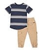 Color:Navy - Image 3 - Baby Boys 12-24 Months Short Sleeve Striped/Color Block Jersey T-Shirt & Solid Twill Cargo-Pocket Jogger Pant Set
