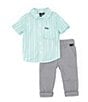 Color:Light Blue - Image 2 - Baby Boys 12-24 Months Short Sleeve Vertical Stripe Woven Shirt & Solid Finished-Hem Pant Set