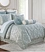 Color:Spa Blue - Image 3 - Castle Cove Collection Woven Damask Jacquard Reversible Comforter Set