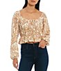 Color:Golden Paisley - Image 1 - Golden Paisley Print Ruched Long Puff Sleeve Scoop Neck Flutter Cropped Peplum Top