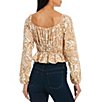 Color:Golden Paisley - Image 2 - Golden Paisley Print Ruched Long Puff Sleeve Scoop Neck Flutter Cropped Peplum Top