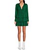 Color:Pine Green - Image 1 - Open Back Deep V-Neck Long Sleeve Tiered Ruffle Hem Lurex Chiffon Skater Dress