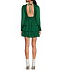 Color:Pine Green - Image 2 - Open Back Deep V-Neck Long Sleeve Tiered Ruffle Hem Lurex Chiffon Skater Dress
