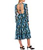 Color:Blue Roses - Image 2 - Rose Floral Print Long Blouson Sleeve Jewel Neck Open Back Detail Tiered Midi Dress