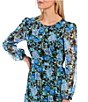 Color:Blue Roses - Image 3 - Rose Floral Print Long Blouson Sleeve Jewel Neck Open Back Detail Tiered Midi Dress