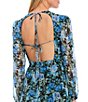 Color:Blue Roses - Image 4 - Rose Floral Print Long Blouson Sleeve Jewel Neck Open Back Detail Tiered Midi Dress