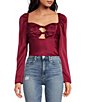 Color:Wine - Image 1 - Sweetheart Neck Long Sleeve Knotted Cutout Top