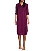 Color:Plum Caspia - Image 1 - 3/4 Roll-Tab Sleeve Point Collar Button Front Midi Shirt Dress