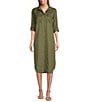 Color:Dusty Olive - Image 1 - 3/4 Roll-Tab Sleeve Point Collar Button Front Midi Shirt Dress