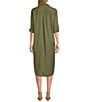 Color:Dusty Olive - Image 2 - 3/4 Roll-Tab Sleeve Point Collar Button Front Midi Shirt Dress