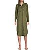 Color:Dusty Olive - Image 3 - 3/4 Roll-Tab Sleeve Point Collar Button Front Midi Shirt Dress