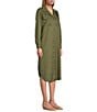 Color:Dusty Olive - Image 4 - 3/4 Roll-Tab Sleeve Point Collar Button Front Midi Shirt Dress