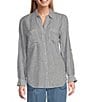 Westbound 3/4 Roll-Tab Sleeve Point Collar Y-Neck Button Front Top, Color:Spring Stripe - Image 3
