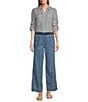 Westbound 3/4 Roll-Tab Sleeve Point Collar Y-Neck Button Front Top, Color:Spring Stripe - Image 5