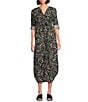 Westbound Printed 3/4 Rolled Sleeve Y-Neck Button Front Midi Shirt Dress, Color:Black and White Graphic - Image 1