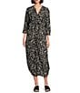Westbound Printed 3/4 Rolled Sleeve Y-Neck Button Front Midi Shirt Dress, Color:Black and White Graphic - Image 3