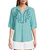 Color:Amazont Blue - Image 1 - 3/4 Sleeve Ruffle V-Neck Embroidered Yoke Button Front Top