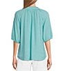 Color:Amazont Blue - Image 2 - 3/4 Sleeve Ruffle V-Neck Embroidered Yoke Button Front Top
