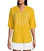 Color:Daffodil - Image 1 - 3/4 Sleeve Ruffle V-Neck Embroidered Yoke Button Front Top