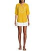 Color:Daffodil - Image 3 - 3/4 Sleeve Ruffle V-Neck Embroidered Yoke Button Front Top