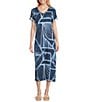 Westbound Blue Geo Tex Short Sleeve V-Neck Midi Dress, Color:Blue Geo Tex - Image 1