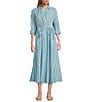 Westbound Button Front Point Collar Long Sleeve Seersucker Cinch Front A-Line Maxi Dress, Color:Teal Seersucker - Image 1