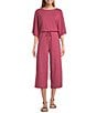 Color:Malaga Rose - Image 1 - Crew Neck 3/4 Sleeve Tie Front Jumpsuit