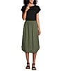 Color:Dusty Olive - Image 3 - Elastic Waist Pull-On Mid Rise Button Side Detail A-Line Skirt
