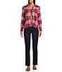 Westbound Jacquard Flannel Long Sleeve Y-Neck Button Front Top, Color:Fuchsia Plaid - Image 3