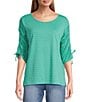 Westbound Knit 3/4 Ruched Sleeve Crew Neck Top, Color:Beryl Green - Image 1