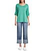Westbound Knit 3/4 Ruched Sleeve Crew Neck Top, Color:Beryl Green - Image 5