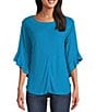 Color:Hawaiian Surf Blue - Image 1 - Knit 3/4 Ruffle Sleeve Crew Neck Pullover Top