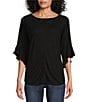 Color:Black - Image 1 - Knit 3/4 Ruffle Sleeve Crew Neck Pullover Top