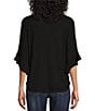 Color:Black - Image 2 - Knit 3/4 Ruffle Sleeve Crew Neck Pullover Top