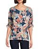 Westbound Knit Dark Denim Blur Floral 3/4 Ruched Sleeve Top, Color:Dark Denim Blur Floral - Image 1