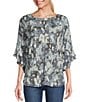 Color:Floral - Image 1 - Knit Floral Crew Neck 3/4 Ruffle Sleeve Top