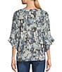 Color:Floral - Image 2 - Knit Floral Crew Neck 3/4 Ruffle Sleeve Top