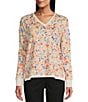 Color:Multi floral - Image 1 - Knit Floral Print Long Sleeve V-Neck Ribbed Pullover Top