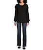 Color:Black - Image 3 - Knit Long Sleeve Crew Neck Ruffle Sleeve Pullover Shirt