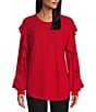 Color:Equestrian Red - Image 1 - Knit Long Sleeve Crew Neck Ruffle Sleeve Pullover Shirt