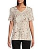 Color:Meadow Cluster - Image 1 - Knit Floral Meadow Print Short Sleeve V-Neck Top