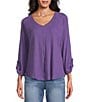 Westbound Knit Solid 3/4 Bell Sleeve V-Neck Top - Image 1