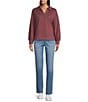 Westbound Long Sleeve V-Neck Collared Knit Top, Color:Burgundy - Image 5