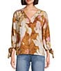 Westbound Mocha Autumn Blur 3/4 Tie Sleeve Top, Color:Mocha Autumn Blur - Image 1
